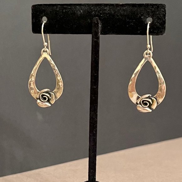 Israeli Teardrop Silver Dangle Earrings with Roses, 1" - Picture 4 of 6